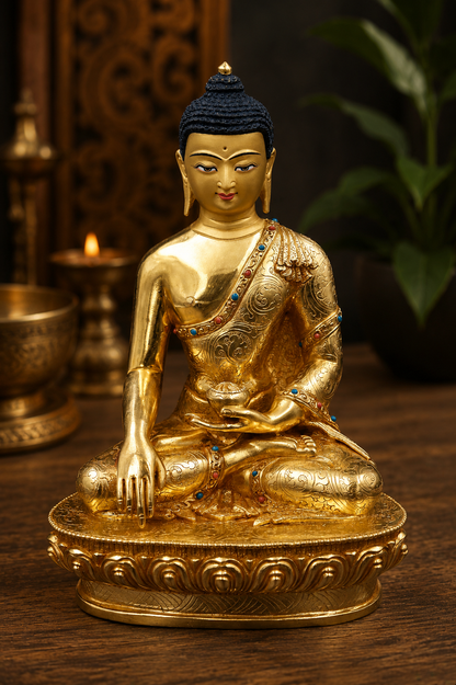 Turquoise and Coral inlaid Shakyamuni Buddha Statue, 8"