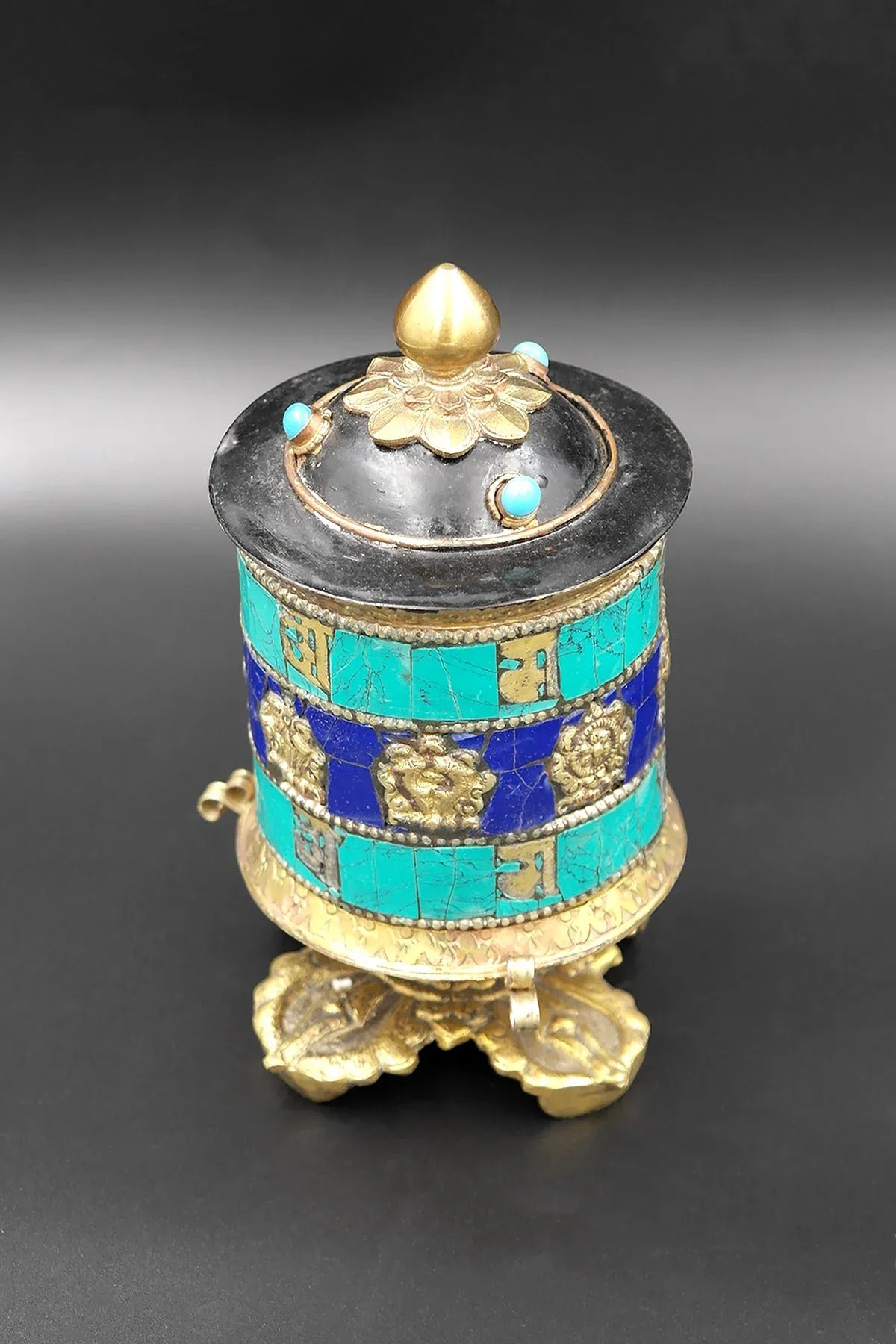 Ashtamangala Spinning Prayer Wheel with Stone Work, 6" - Vajracrafts