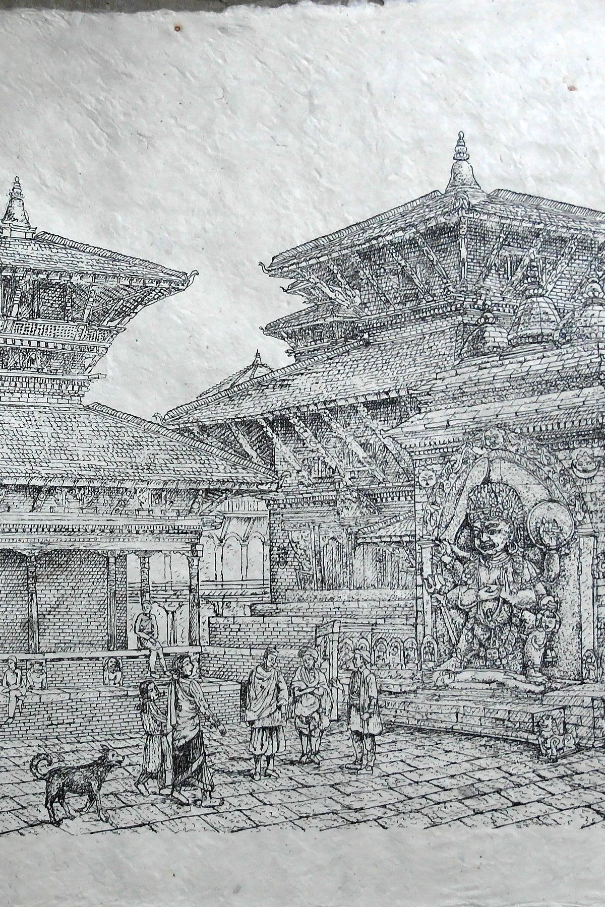 Handmade Lokta Paper Poster of Hanumandhoka Durbar, Kathmandu - Vajracrafts