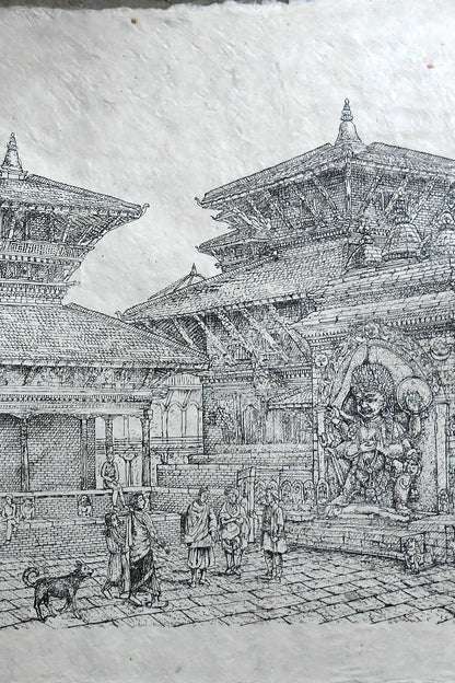 Handmade Lokta Paper Poster of Hanumandhoka Durbar, Kathmandu - Vajracrafts