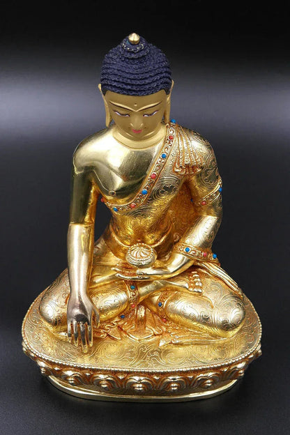 Turquoise and Coral inlaid Shakyamuni Buddha Statue, 8"