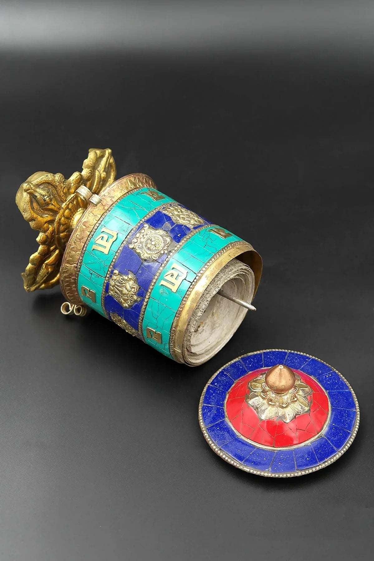 Table top Prayer Wheel with Eight Auspicious Symbols and Gemstones, 6" - Vajracrafts