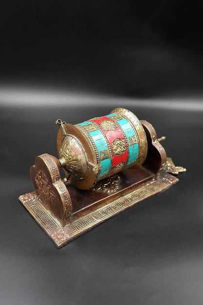 Eight Auspicious symbols and Gemstone inlaid Wall mounted Prayer wheel - Vajracrafts