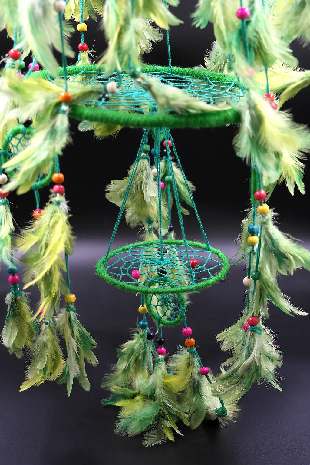 3 tier Dream Catcher Wall Hanging in Green, Handmade Ornament Feather - Vajracrafts