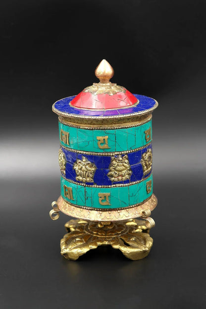 Table top Prayer Wheel with Eight Auspicious Symbols and Gemstones, 6" - Vajracrafts