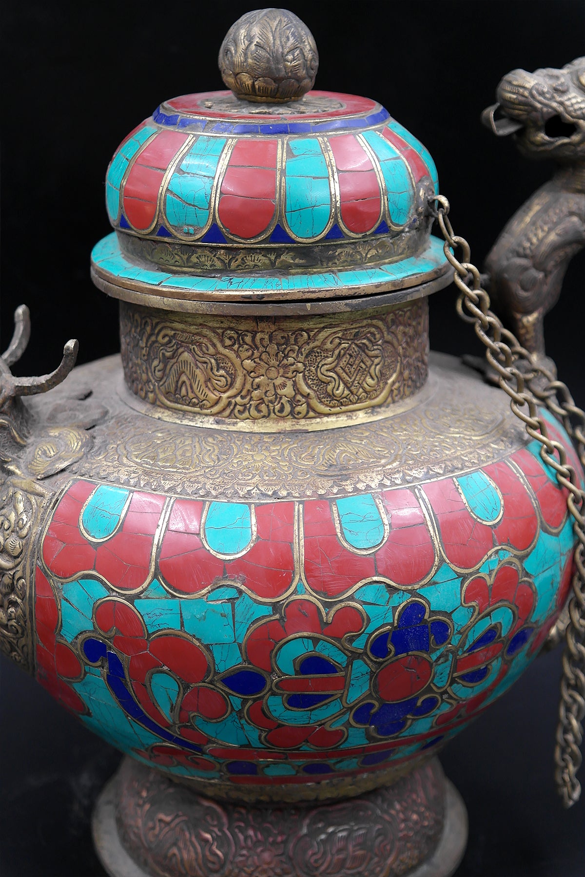 Ancient Tibetan Religious Teapot with Dragon handle Coral and Lapis Stone Art Deco