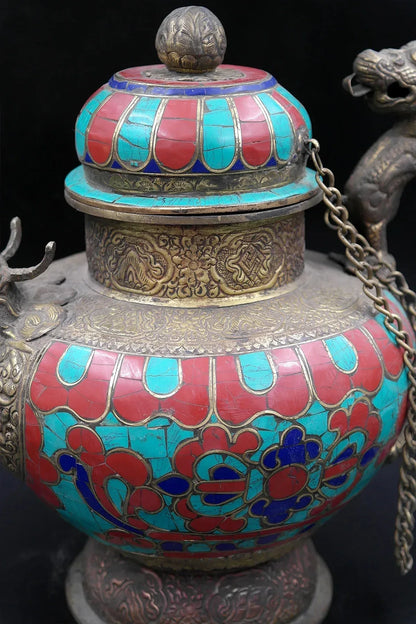 Ancient Tibetan Religious Teapot with Dragon handle Coral and Lapis Stone Art Deco - Vajracrafts