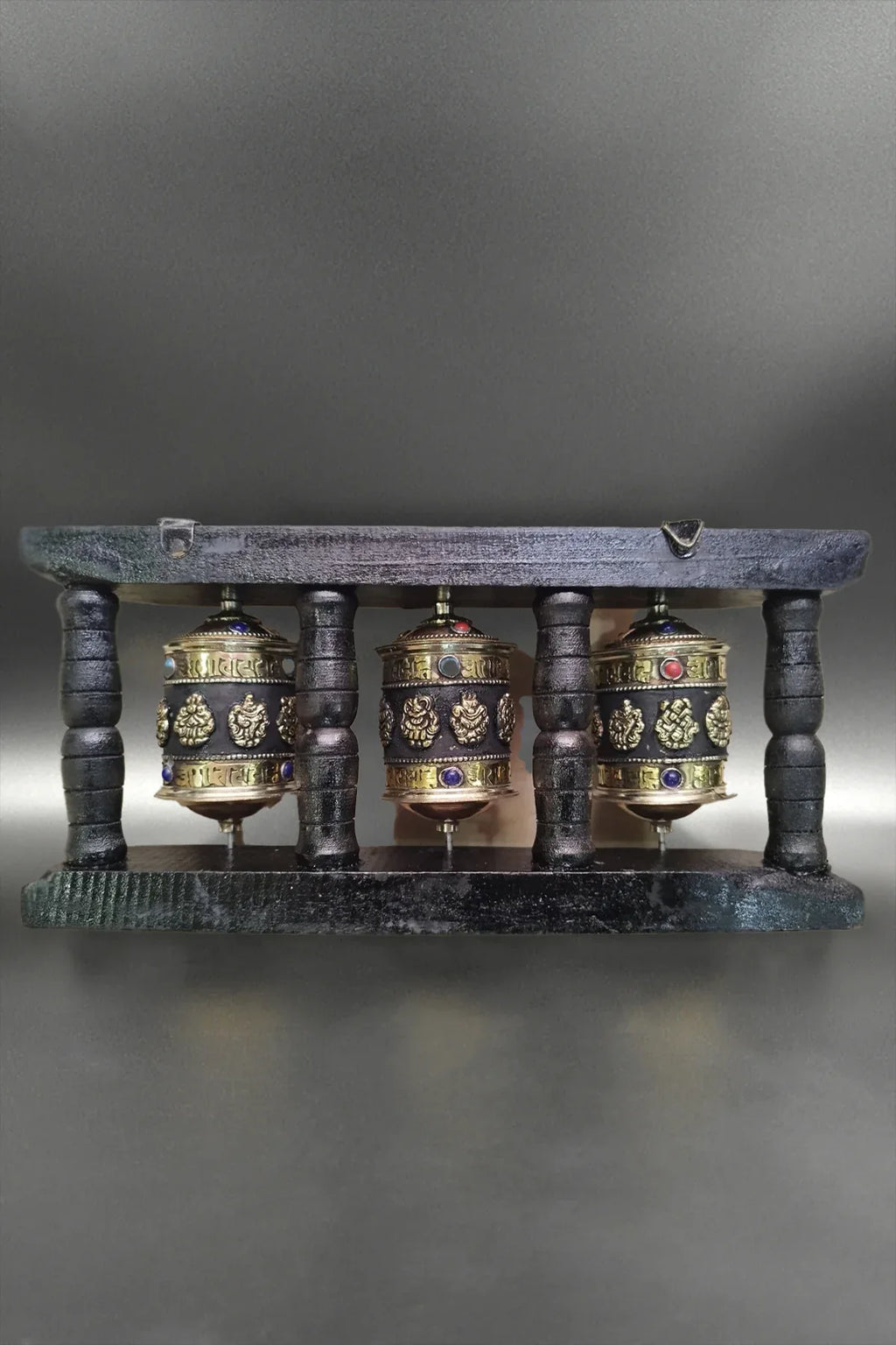 Tibetan Buddhist Prayer Wheels in Wooden Frame - Vajracrafts