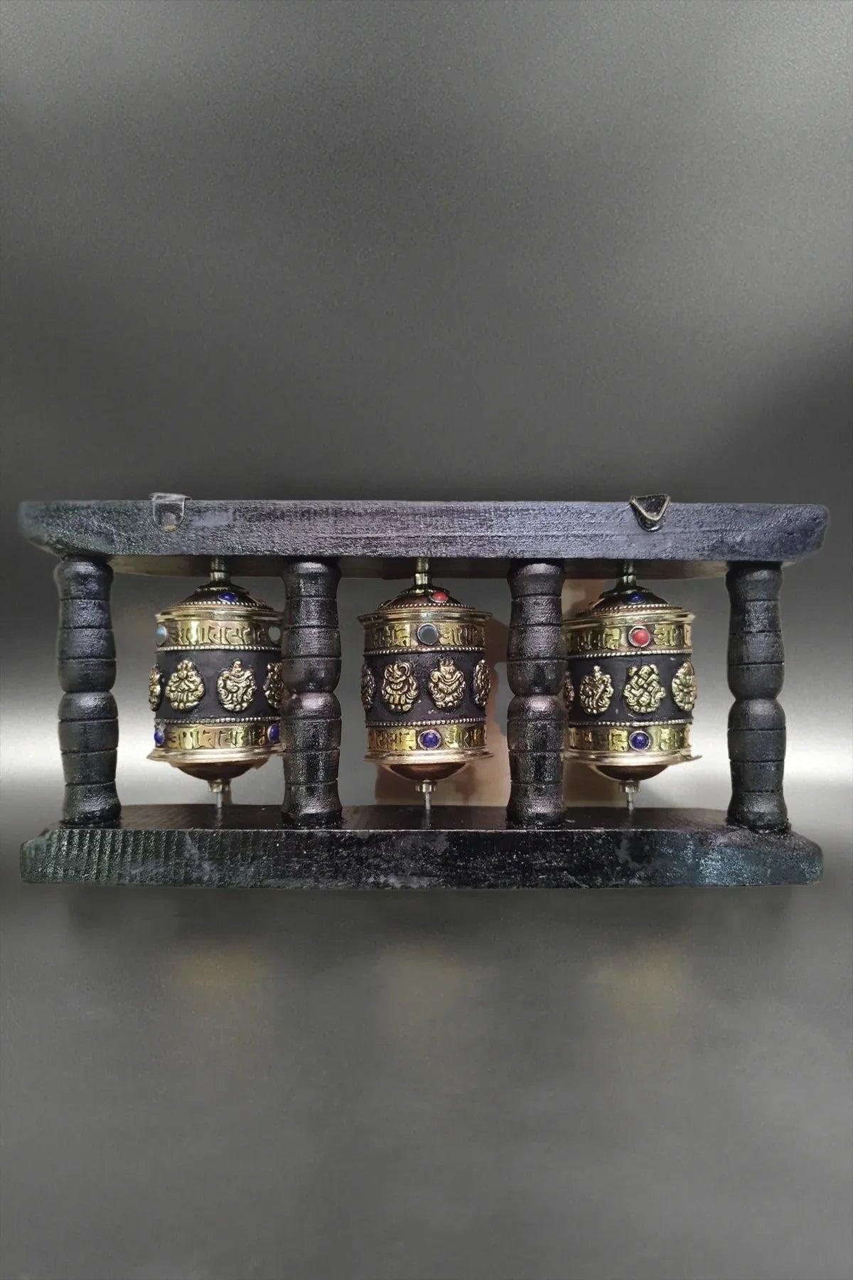 Tibetan Buddhist Prayer Wheels in Wooden Frame - Vajracrafts