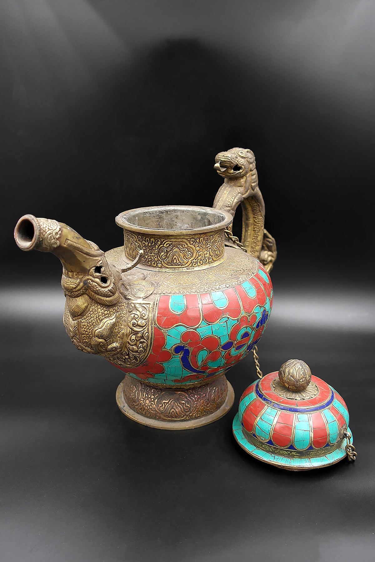 Ancient Tibetan Religious Teapot with Dragon handle Coral and Lapis Stone Art Deco