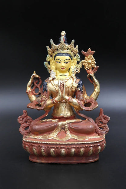 Partially Gold Plated Chenrezig Statue, 6" - Vajracrafts