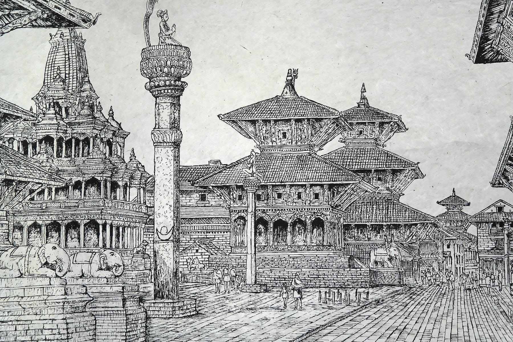 All Handmade Lokta Paper Poster of Patan Durbar Square - Vajracrafts