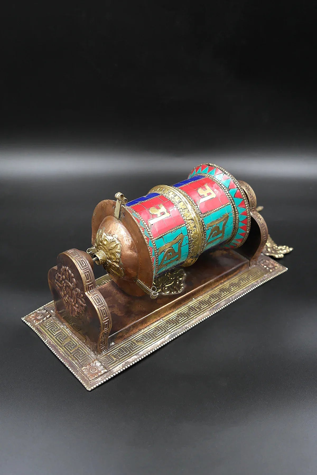 Om mane peme hum mantra inlaid with Gemstone wall mount Prayer Wheel - Vajracrafts