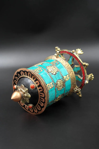 Eight Auspicious signs in Turquoise inlays desktop Prayer Wheel, 6" - Vajracrafts