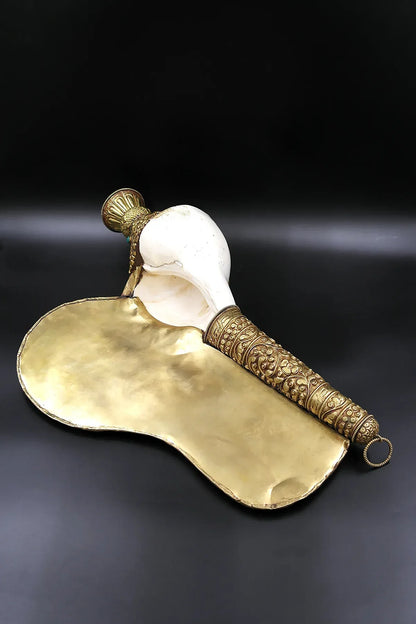 Tibetan Seashell with Dragon Engraved brass in Conch Shell Trumpet - Vajracrafts