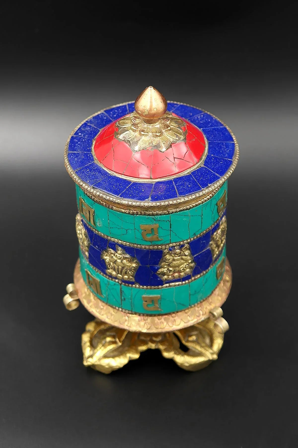 Table top Prayer Wheel with Eight Auspicious Symbols and Gemstones, 6" - Vajracrafts