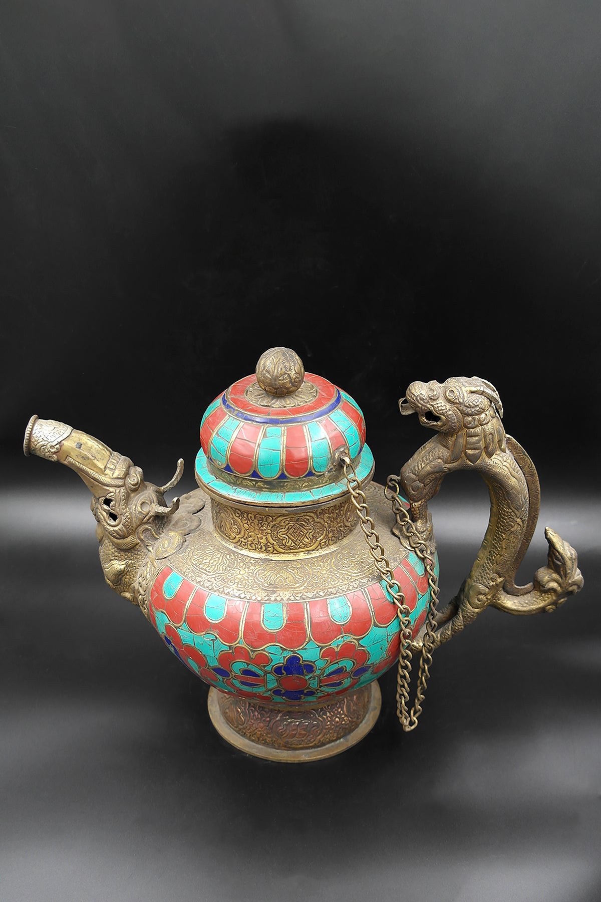 Ancient Tibetan Religious Teapot with Dragon handle Coral and Lapis Stone Art Deco