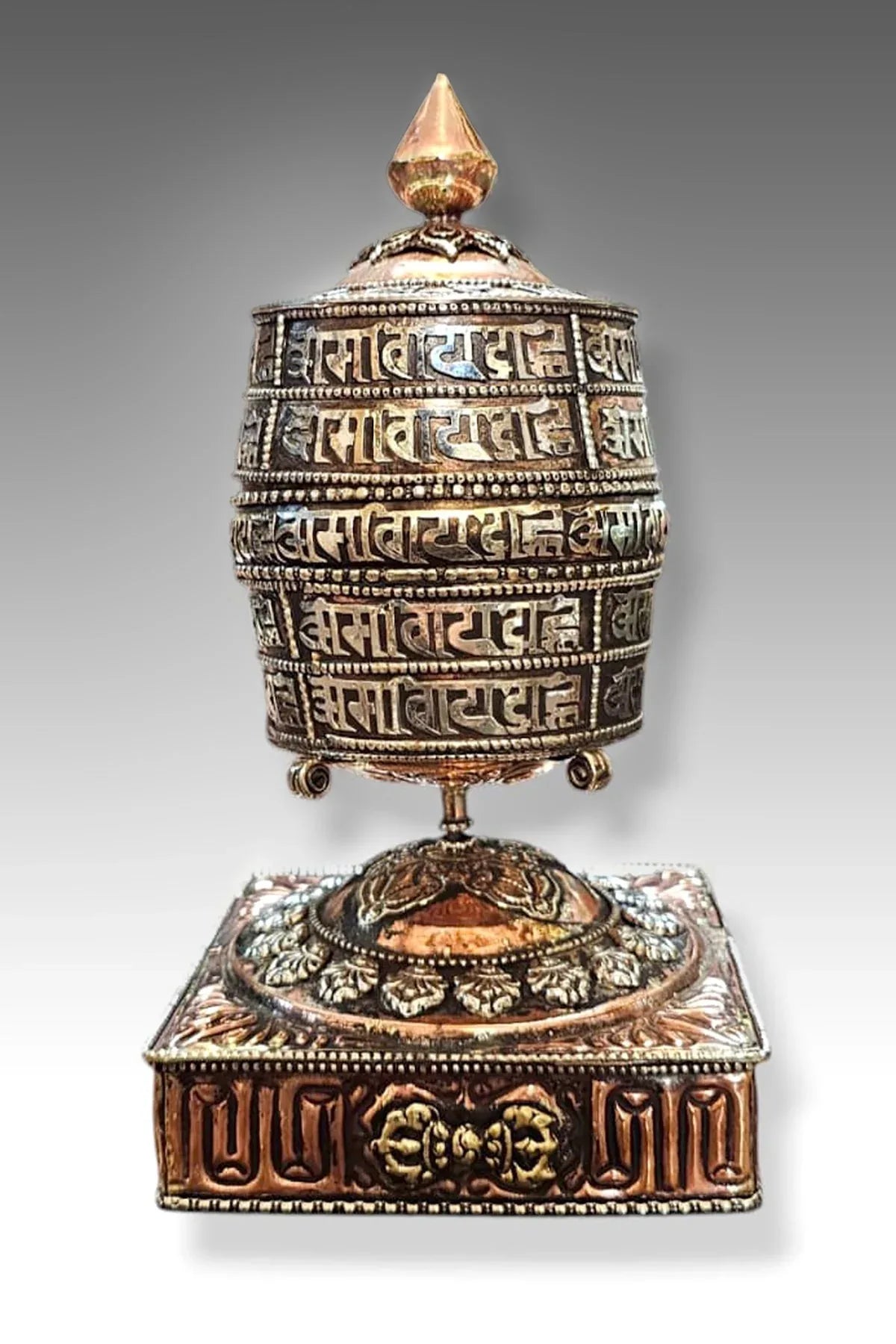 Buddhist Handmade Table Top Copper Prayer Wheel in Square base, 9" - Vajracrafts