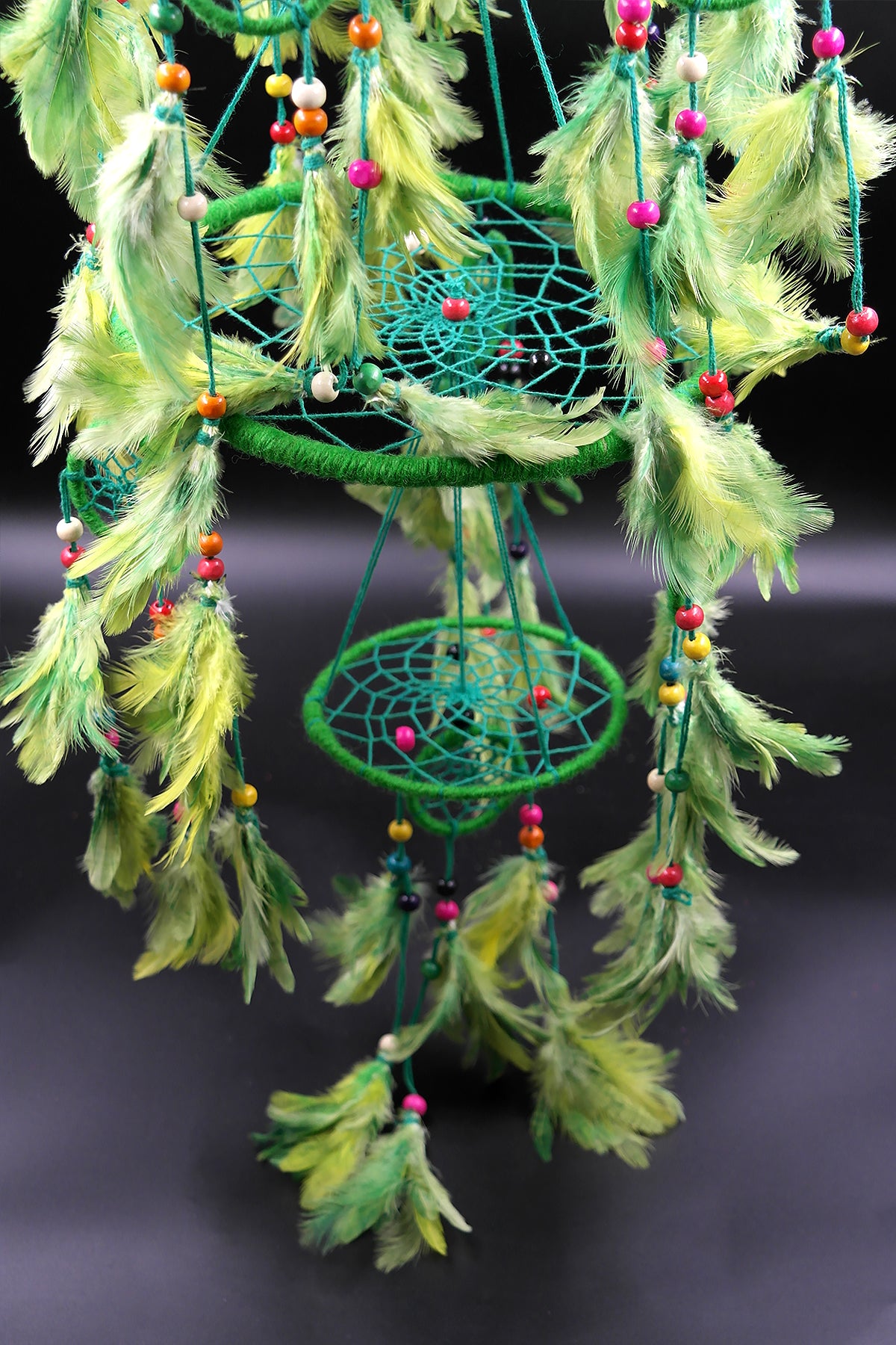 3 tier Dream Catcher Wall Hanging in Green, Handmade Ornament Feather