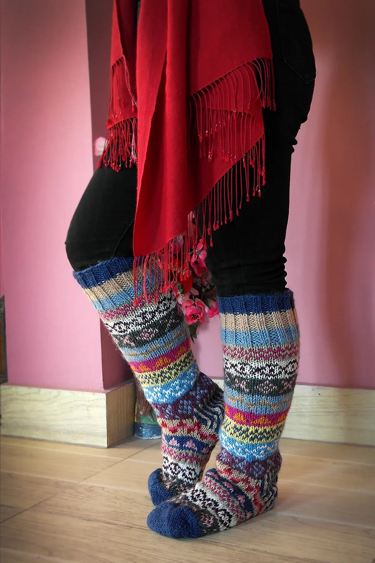 Blue Pink mixed color Woolen Knee High Socks - Vajracrafts