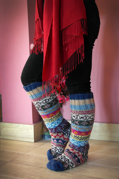 Blue Pink mixed color Woolen Knee High Socks - Vajracrafts