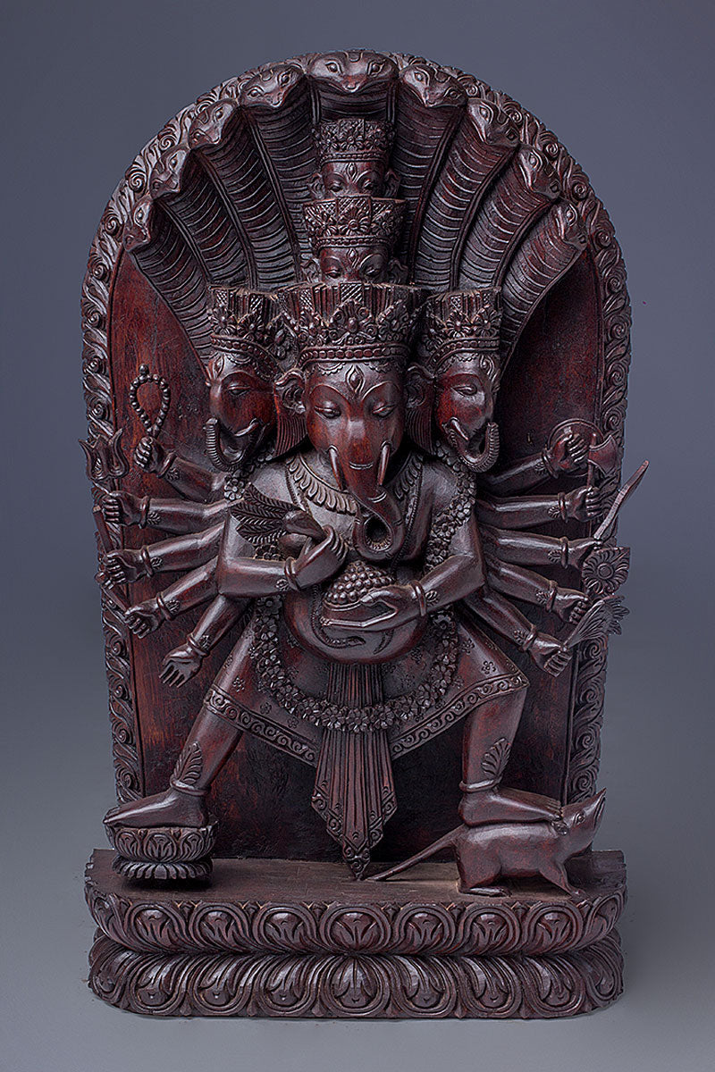 Five Faced Ganesh Statue, Hand carved Wooden Ganesh statue
