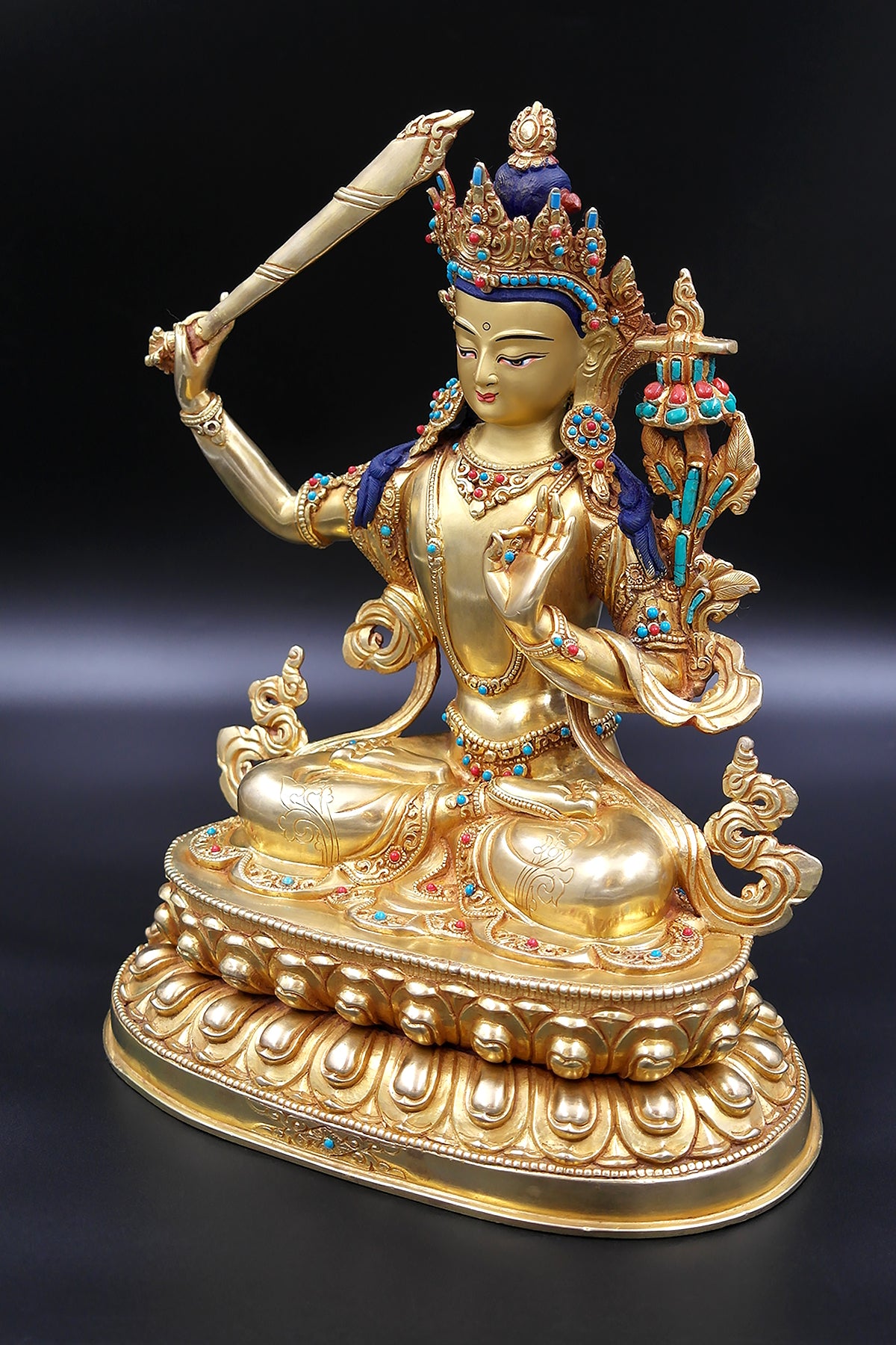 Gold Plated Exquisite Tibetan Manjushree Statue 9"