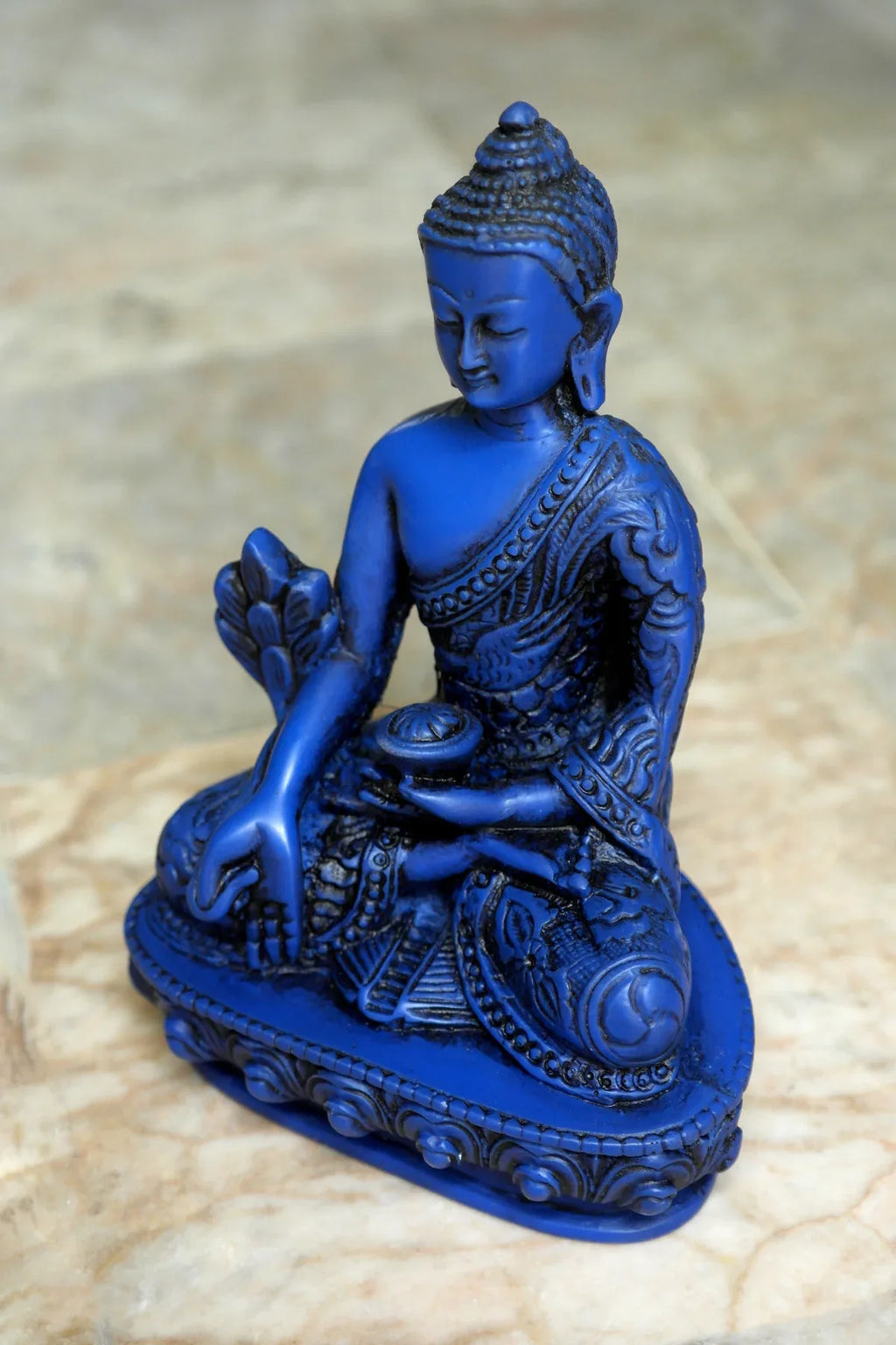 Lapis tone Medicine Buddha Resin Statue with Dragon carved 6" - Vajracrafts