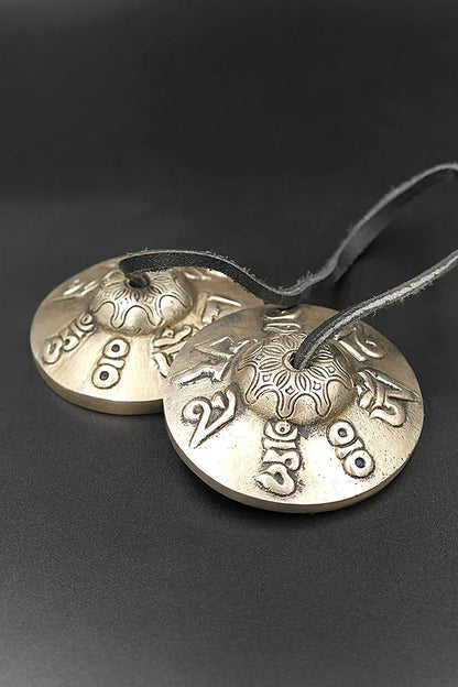 Om mane peme hum mantra embossed Tingsha 2.9" - Vajracrafts