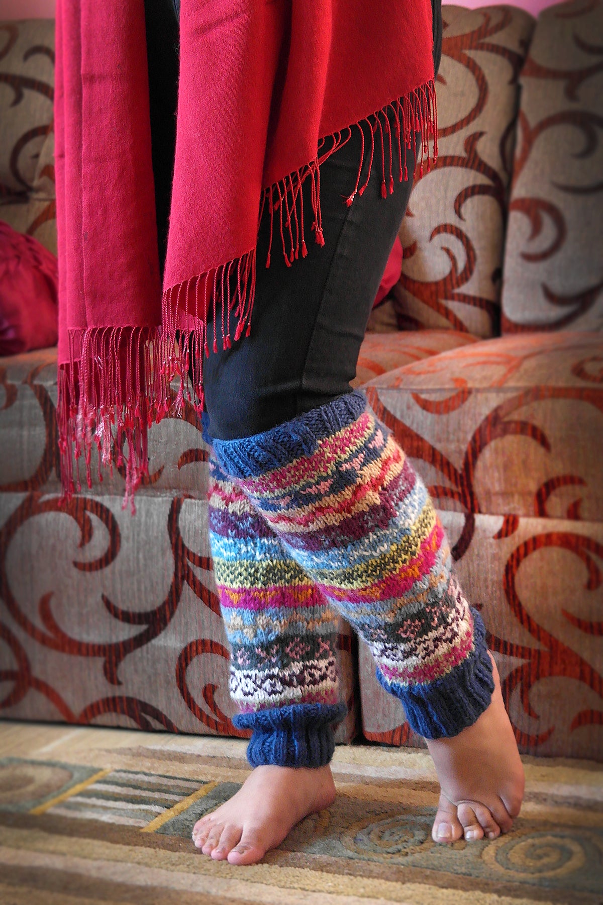 Blue pink multi colors woolen leg warmers