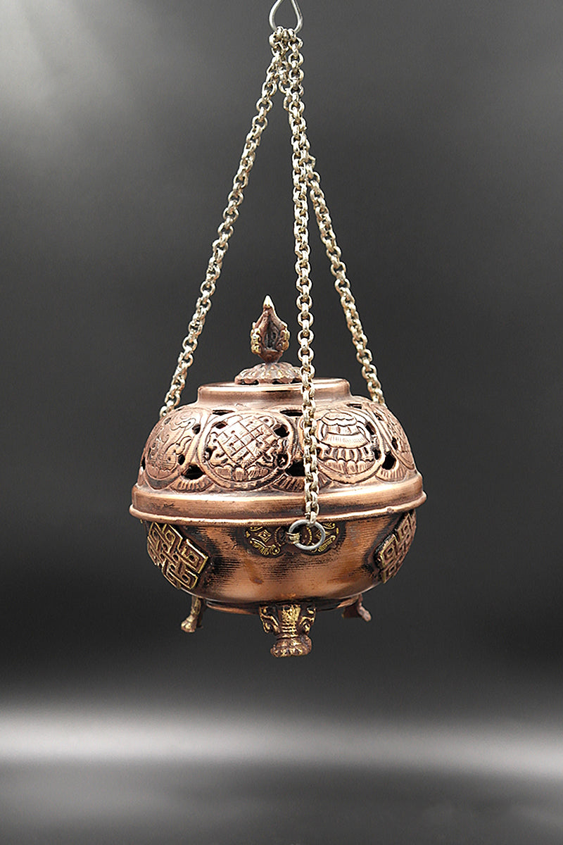 Eight Auspicious Symbol Engraved Hanging Copper Incense Burner, 5.5"