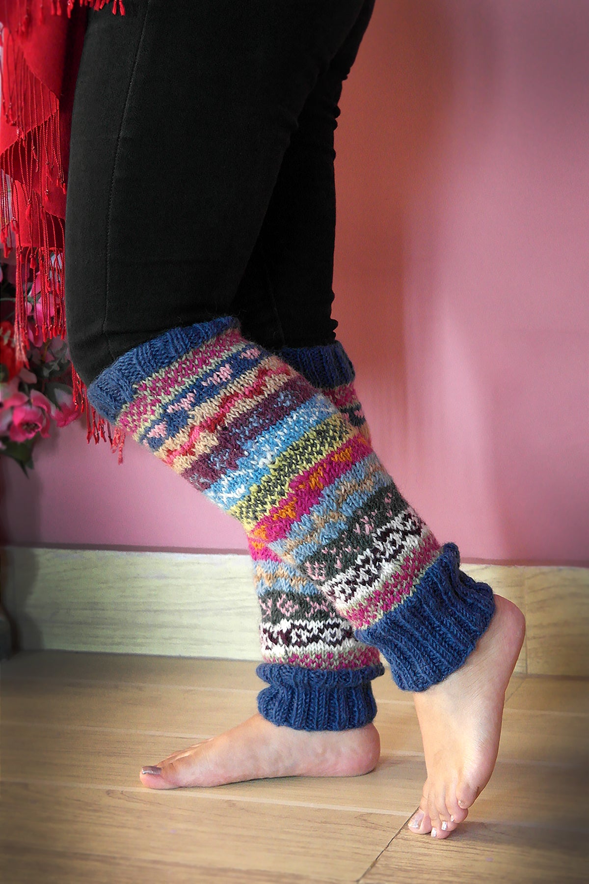 Blue pink multi colors woolen leg warmers