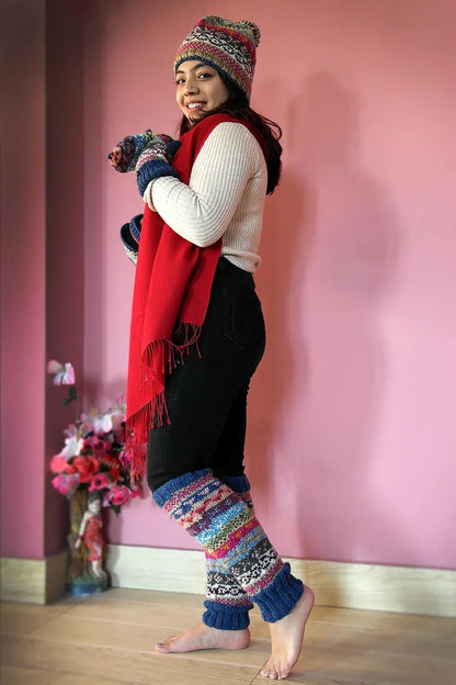 Blue pink multi colors woolen leg warmers - Vajracrafts