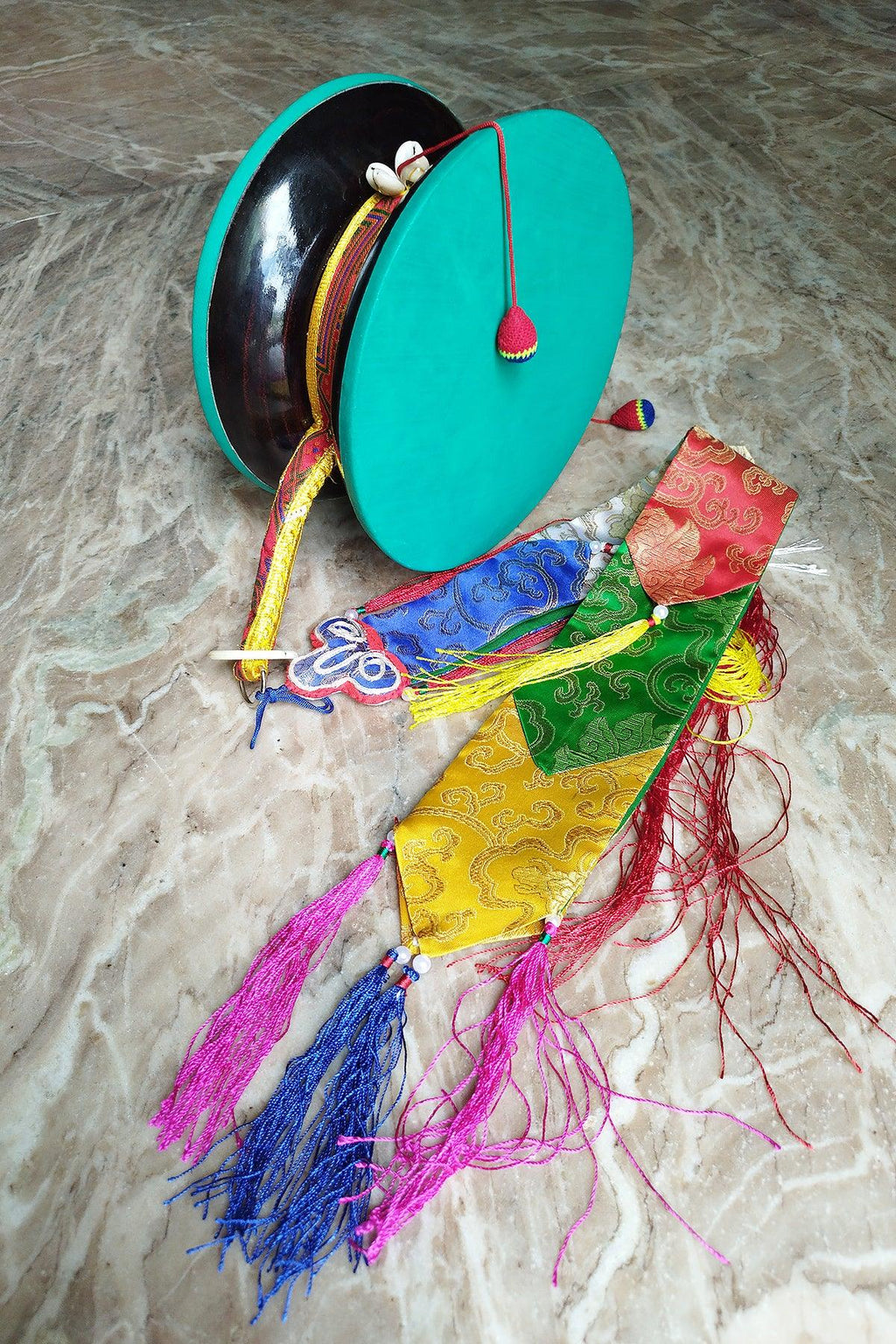 Tibetan Buddhist Ritual Chod Drum/Damaru with Yellow Brocade Cover - Vajracrafts