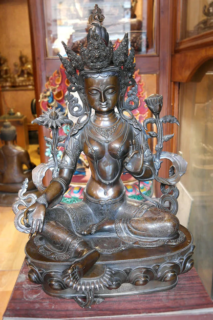 Masterpiece Copper Oxidized Green Tara Statue from Nepal 25" - Vajracrafts