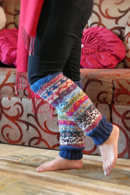 Blue pink multi colors woolen leg warmers - Vajracrafts