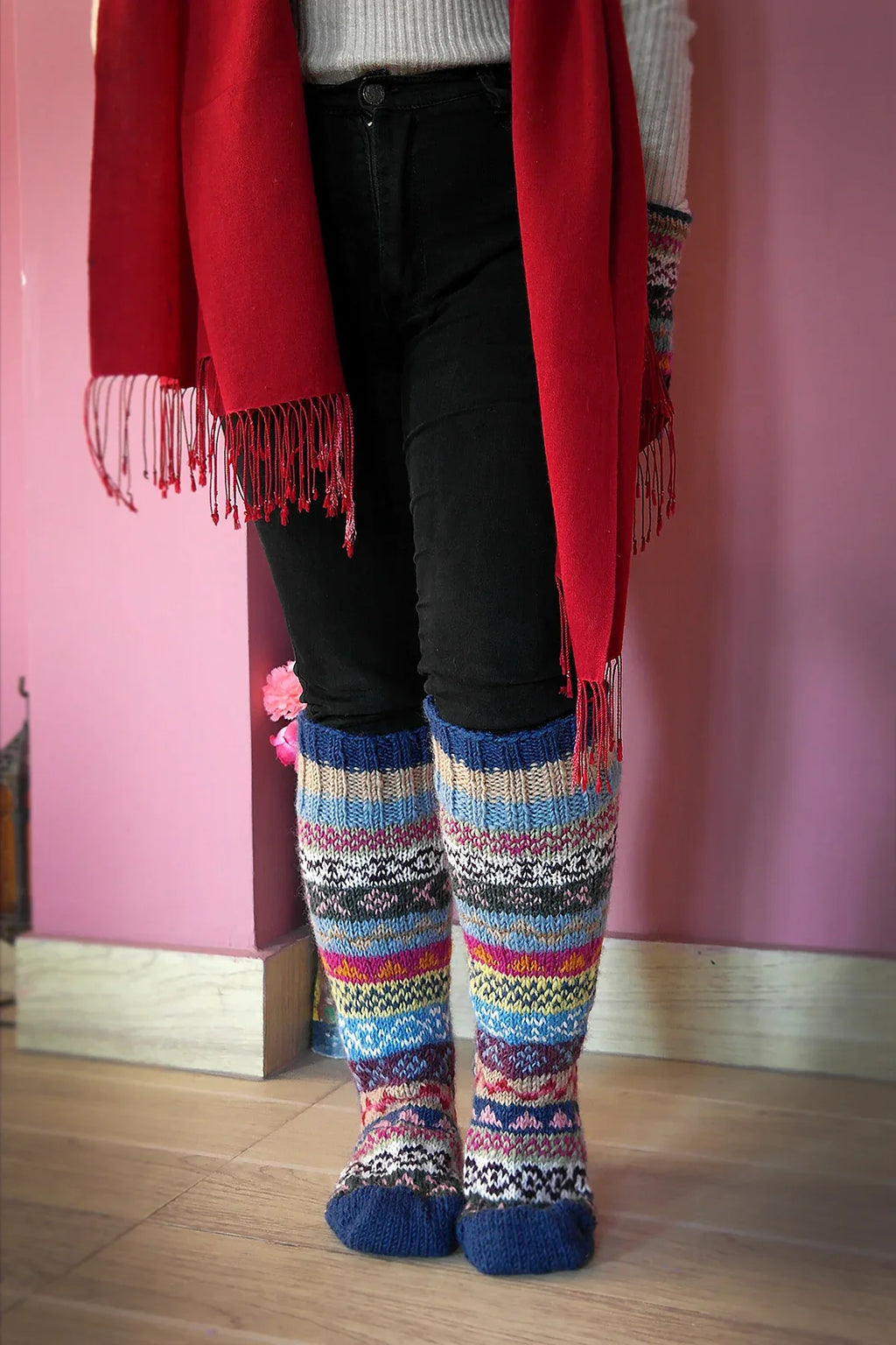 Blue Pink mixed color Woolen Knee High Socks - Vajracrafts