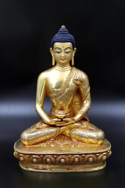 Floral Design carved Gold Plated Amitabh Buddha Statue from Nepal 9" - Vajracrafts