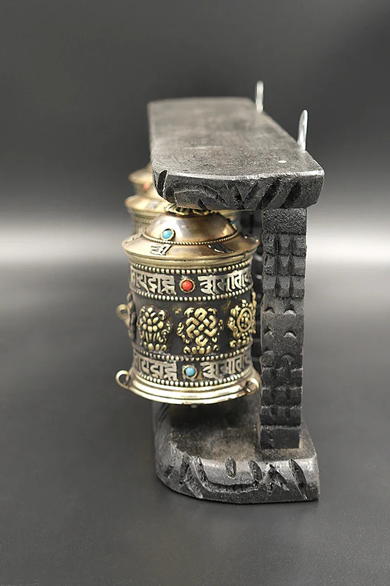 Tibetan Buddhist Prayer Wheels in Wooden Frame - Vajracrafts