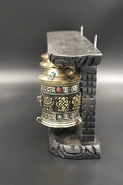 Tibetan Buddhist Prayer Wheels in Wooden Frame - Vajracrafts