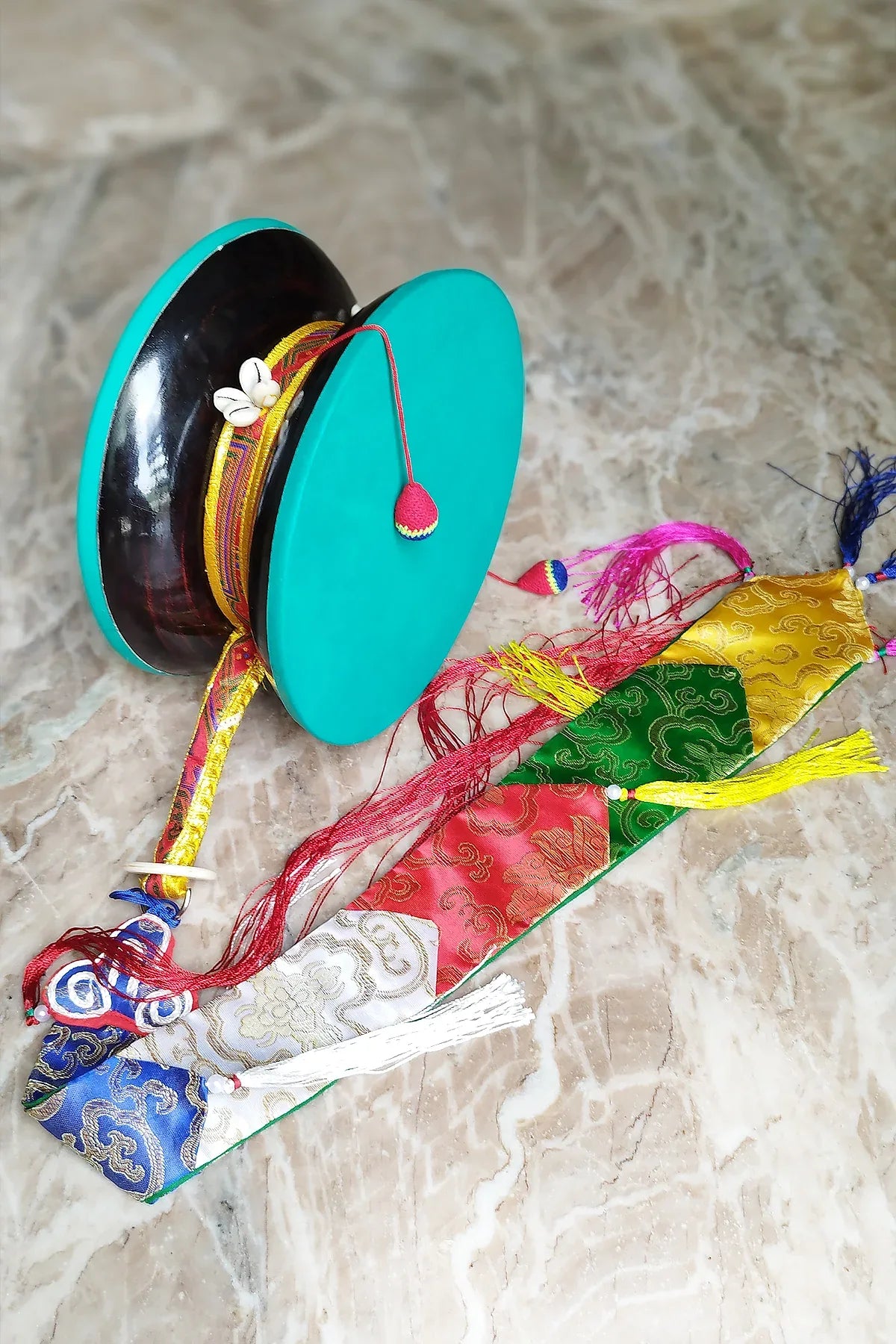 Tibetan Buddhist Ritual Chod Drum/Damaru with Yellow Brocade Cover - Vajracrafts