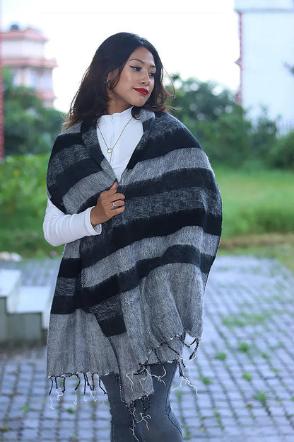 Grey and black Winter Yak Wool shawl with Fringe - Vajracrafts