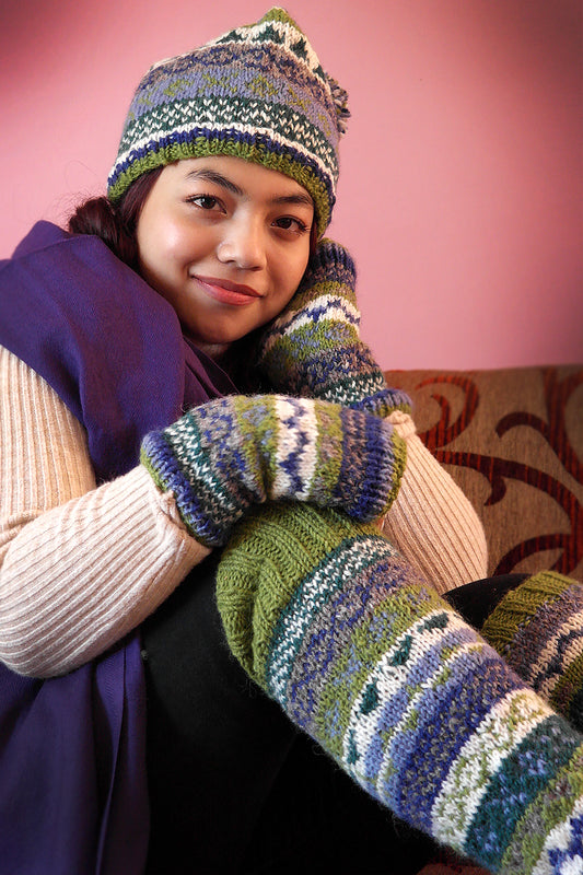 Olive Green, blue color mixed hand knitted Woolen Hand Warmers Women