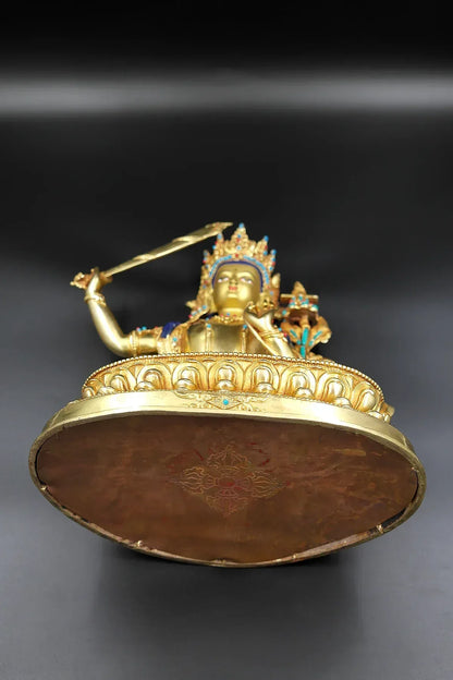 Gold Plated Exquisite Tibetan Manjushree Statue 9" - Vajracrafts
