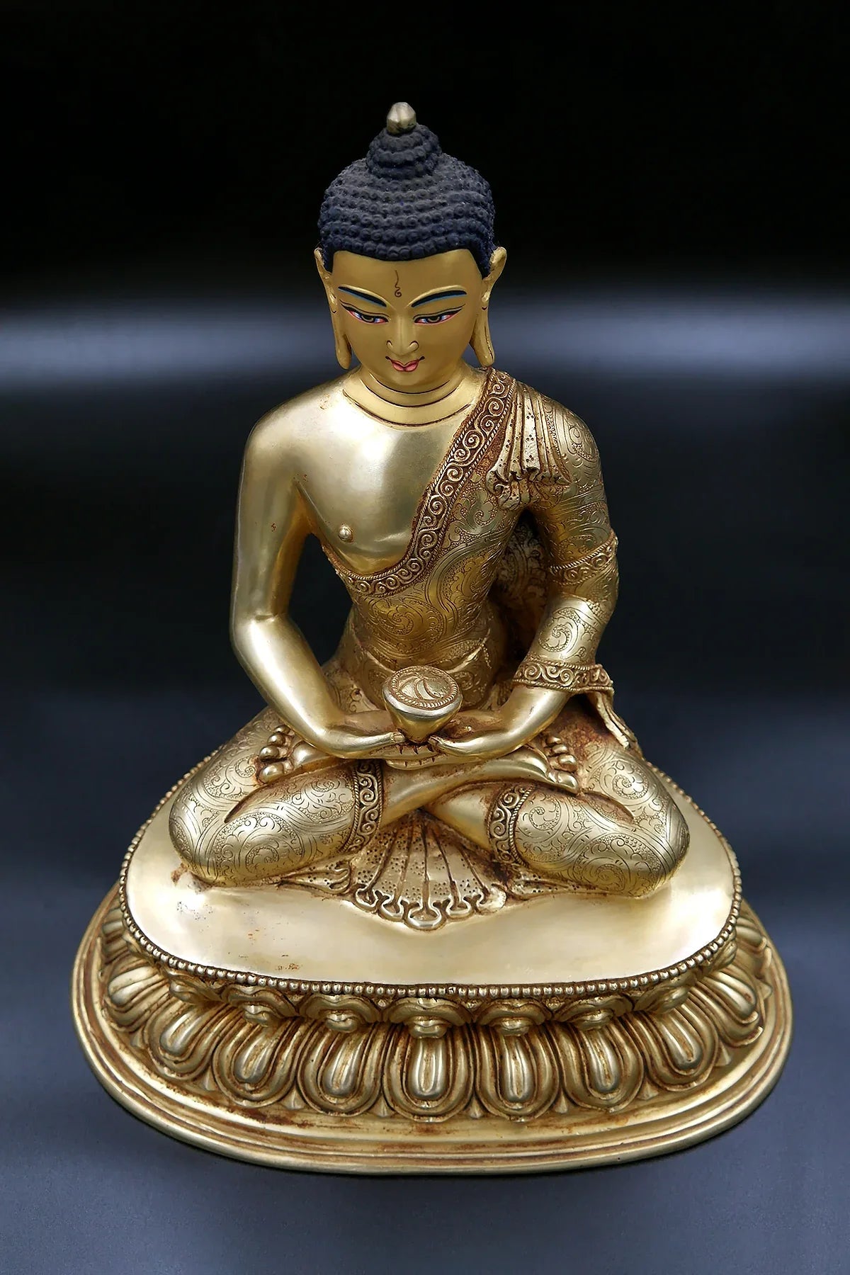 Floral Carved Amitabha Buddha Statue in double lotus 11" - Vajracrafts