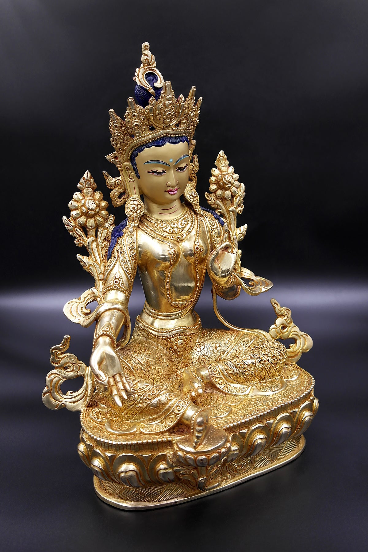 Elegant Hand carved Tibetan Green Tara Statue - Gold Plated Copper Alloy, 13"