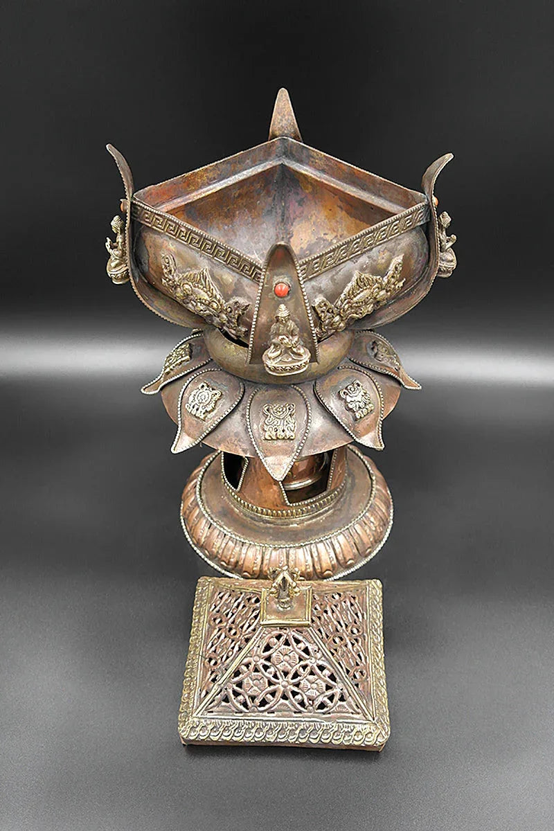 Lotus design with 8 Auspicious symbols copper incense burner - Vajracrafts