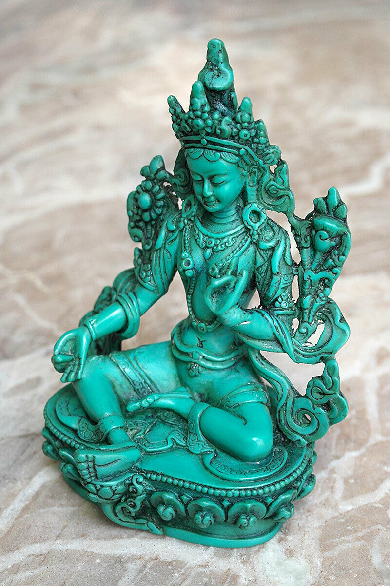 Tibetan Dolma Green Tara Resin Statue 6"