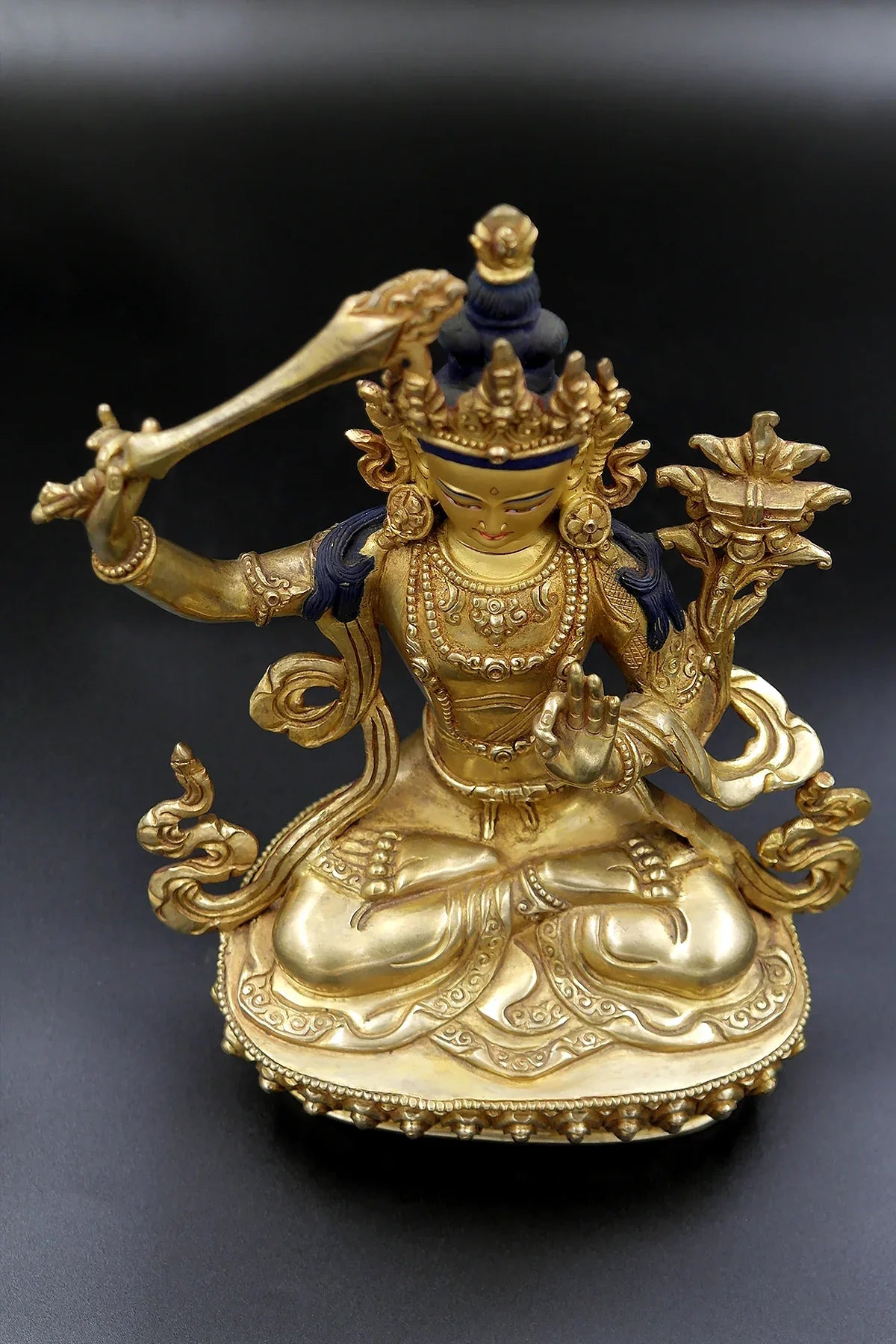 Gold Plated hand made Buddha Manjushree Statue from Nepal 9" - Vajracrafts