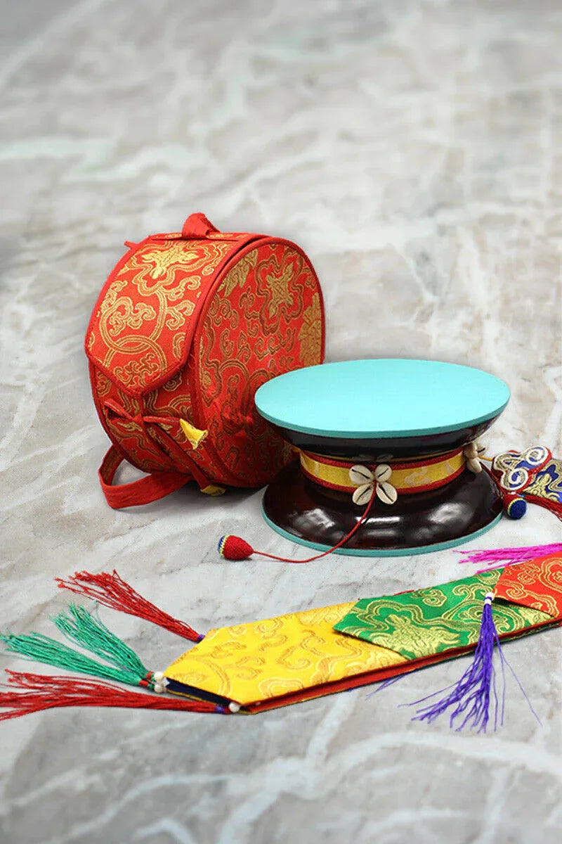 Tibetan Buddhist Handpainted Chod Drum/Damaru with red color cover - Vajracrafts